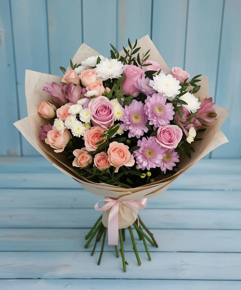 Букет цветов из: Хризантемы, Розы и Альстромерии в Старое