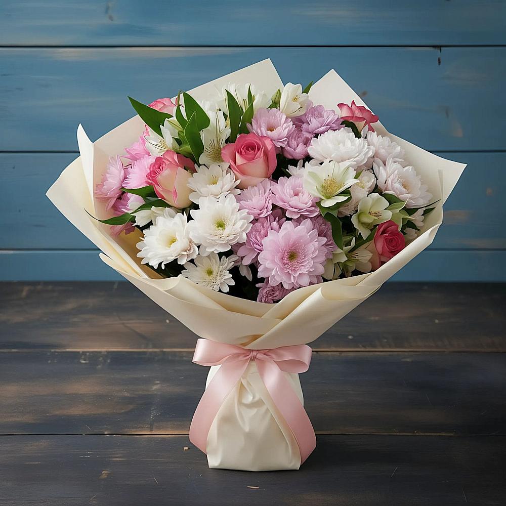 Букет цветов из: Хризантемы, Альстромерии и Розы в Старое